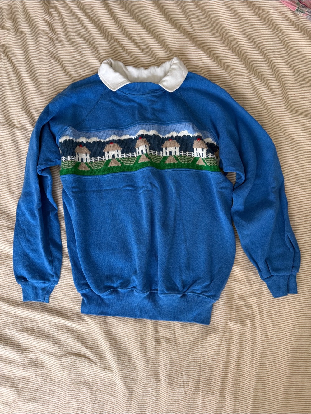 Vintage Blue Crewneck Sweater with Cottage Pattern